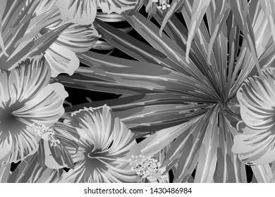 Black white exotic pattern. Monstera and hibiscus flowers tropical bouquet.  Saturated large floral swimwear print. Horizontal california natural texture design. Hypernatural botanic design.