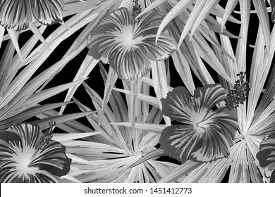 Black white exotic pattern. Monstera and hibiscus flowers tropical bouquet.  Saturated large floral swimwear print. Horizontal california natural texture design. Hypernatural botanic design.