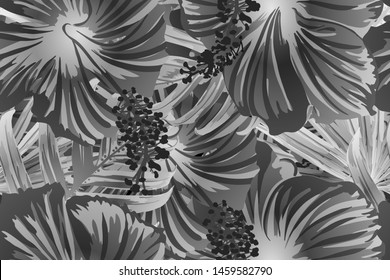 Black and white exotic pattern. Monstera leaves and hibiscus flowers in summer print.  Hawaiian t-shirt and swimwear tile.  Horizontal romantic wild vector exotic tile. Hypernatural botanic design.