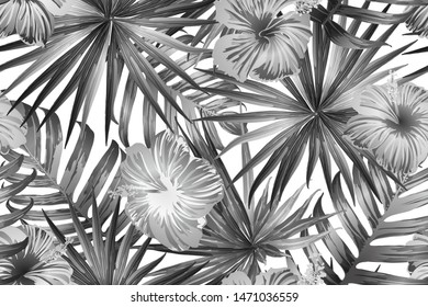 Black white exotic pattern. Monstera leaves and hibiscus flowers in summer print.  Saturated large floral swimwear print. Horizontal california natural texture design. Bonny spring botanical design.