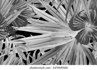 Black white exotic pattern. Monstera and hibiscus flowers tropical bouquet.  Hawaiian t-shirt and swimwear tile.  Horizontal california natural texture design. Hypernatural botanic design.