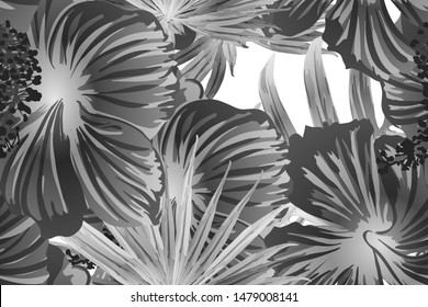 Black white exotic pattern. Monstera leaves and hibiscus flowers in summer print.  Saturated large floral swimwear print. Horizontal romantic wild vector exotic tile. Hypernatural botanic design.