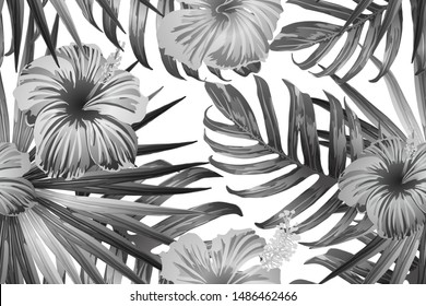 Black white exotic pattern. Monstera leaves and hibiscus flowers in summer print.  Saturated large floral swimwear print. Horizontal romantic wild vector exotic tile. Bonny spring botanical design.