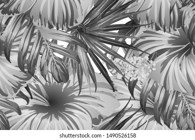 Black white exotic pattern. Monstera and hibiscus flowers tropical bouquet.  Hawaiian t-shirt and swimwear tile.  Horizontal california natural texture design. Bonny spring botanical design.