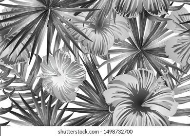Black white exotic pattern. Monstera and hibiscus flowers tropical bouquet.  Saturated large floral swimwear print. Horizontal romantic wild vector exotic tile. Bonny spring botanical design.