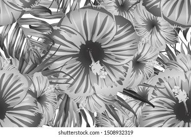Black white exotic pattern. Monstera leaves and hibiscus flowers in summer print.  Hawaiian t-shirt and swimwear tile.  Horizontal california natural texture design. Bonny spring botanical design.