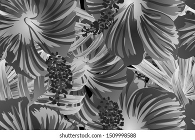 Black white exotic pattern. Monstera leaves and hibiscus flowers in summer print.  Hawaiian t-shirt and swimwear tile.  Horizontal romantic wild vector exotic tile. Hypernatural botanic design.