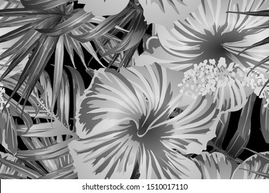 Black white exotic pattern. Monstera leaves and hibiscus flowers in summer print.  Saturated large floral swimwear print. Horizontal romantic wild vector exotic tile. Bonny spring botanical design.