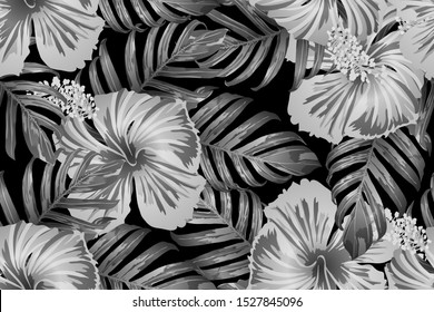Black white exotic pattern. Monstera and hibiscus flowers tropical bouquet.  Saturated large floral swimwear print. Horizontal romantic wild vector exotic tile. Hypernatural botanic design.