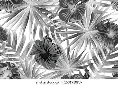 Black white exotic pattern. Monstera leaves and hibiscus flowers in summer print.  Saturated large floral swimwear print. Horizontal romantic wild vector exotic tile. Bonny spring botanical design.