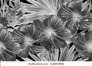 Black white exotic pattern. Monstera and hibiscus flowers tropical bouquet.  Saturated large floral swimwear print. Horizontal romantic wild vector exotic tile. Bonny spring botanical design.