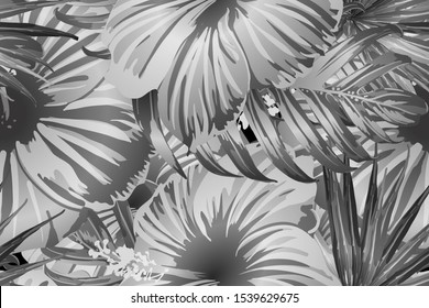 Black white exotic pattern. Monstera and hibiscus flowers tropical bouquet.  Hawaiian t-shirt and swimwear tile.  Horizontal california natural texture design. Bonny spring botanical design.