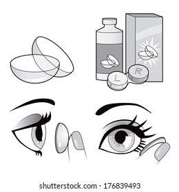 Black and white eye contact lenses elements collection with actions applying contacts to the eye