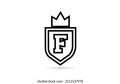 black and white F alphabet letter logo icon with shield and king crown line design. Creative template for business and company