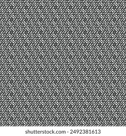 Schwarz-weißer Stoff mit Chevron-Muster. Wiederholtes dekoratives Design mit Streifen, Zickzack und Punkten. Tapisserie-Textur. Abstrakte Vektorgrafik.