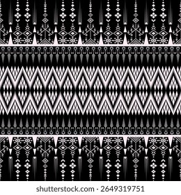 A black and white fabric pattern with a large central chevron stripe bordered by geometric and tribal motifs, suitable for textiles, apparel, and home decor.