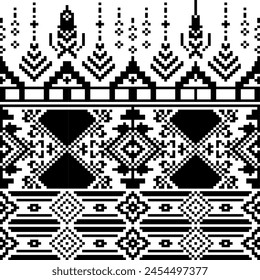 Black and white fabric Pixel art ,Geometric Ethnic Pattern Design Background Wallpaper,seamless pattern ,