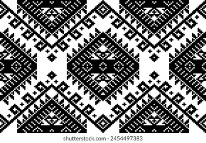 Black and white fabric Pixel art ,Geometric Ethnic Pattern Design Background Wallpaper,seamless pattern ,