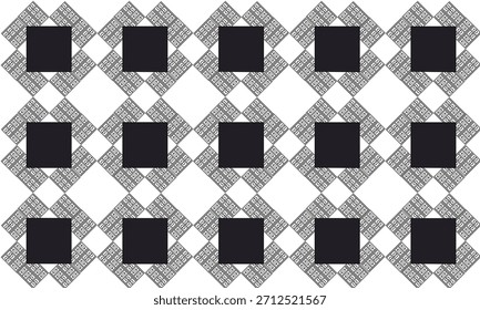 Schwarz-weiße Stofftextur, kompliziertes Diamant-Schachbrett-Rapport-Muster, vollständiges Bild, Design für Stoffdruck, Rhombus-Gitternetz, schwarzer Block