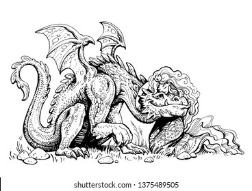 Black and white fabulous illustration. graphics ink. princess hugs dragon