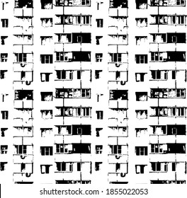 Black and white facade of building seamless pattern. Panel house windows and balcony. Vector texture