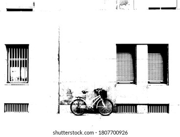 Black and white facade drawing of the building. Vector bicycle illustration.