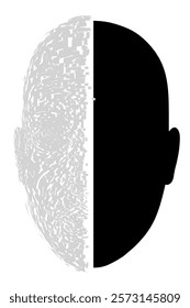Black and white face with a white line dividing it. The illustration has a mood of loneliness and isolation