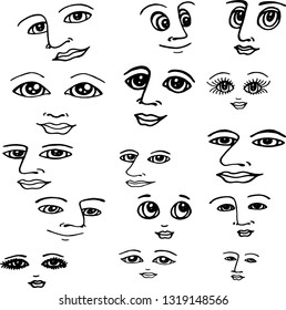 black and white faces set isolated
