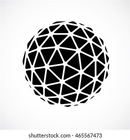 Black and white faceted orb created from triangles, dimensional vector sphere. Low poly geometric design element for use in engineering and technology.