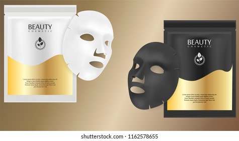 Black and white facial cosmetic mask ads. Realistic vector illustration. Individual sachet package design with label and logo for face mask isolated on metallic background.