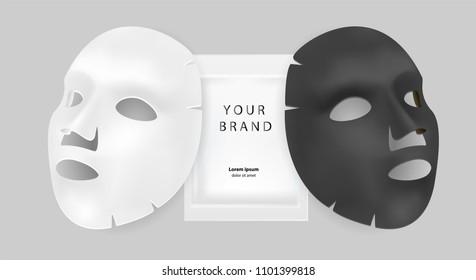 Black and white facial mask cosmetics ads. Realistic vector illustration. Package design for face mask isolated on grey background.

