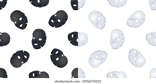 Black and White Facial Sheet Masks Floating on White Background Seamless Pattern