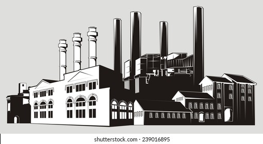 Black and white factory landscape with chimney stacks and various buildings. White-filled (not transparent)