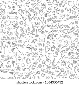 Black and white fairy pattern with unicorns, crown, magic wand, crystals, hearts, rainbow and lettering. Hand drawn seamless pattern in Doodle style. Vector illustration. 