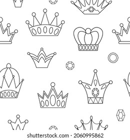 Black and white fairy tale crowns seamless pattern. Vector line repeat background with fantasy king or queen accessories. Digital paper with authority symbols. Medieval fairytale royal jewelry texture