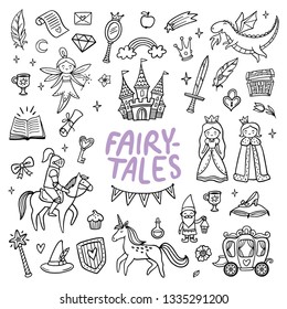 Black and white fairy tale objects. Cute hand-drawn cartoon elements isolated on white background. Doodle Vector Illustration with text.