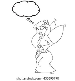 black and white fairy with thought bubble cartoon