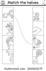 Black and white fairytale connect the halves worksheet.  Matching game for preschool children with fantasy creatures. Match heads and tails activity or coloring page with dragon, unicorn.
