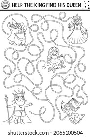 Black and white fairytale maze for kids with fantasy characters. Magic kingdom line preschool printable activity with witch, fairy, mermaid. Fairy tale labyrinth game. Coloring page with king, queen
