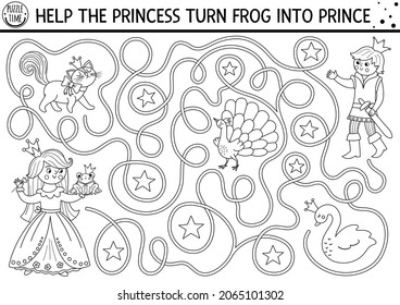 Black and white fairytale maze for kids with fantasy characters. Magic kingdom line preschool printable activity. Fairy tale labyrinth game or puzzle. Coloring page with princess, frog prince
