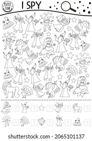 Black and white fairytale I spy game for kids with fantasy creatures. Searching and counting activity with witch, dragon, frog prince. Magic kingdom printable worksheet or coloring page. Simple puzzle