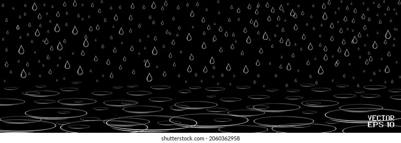 Black and White Falling Drops. Abstract Particles of Rain. Circles Waves of Water Isolated on Black Background. Vector. 3D Illustration
