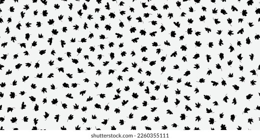 Black and white falling leaves seamless pattern. Hand drawn in doodle style, black outline. Concept of forest, leaf fall, nature, thanksgiving. 