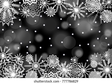 Black and white falling snow background with flares and sparkles.  Snowflakes abstract. Winter thunder. Vector illustration