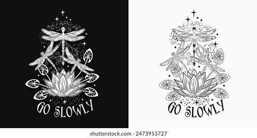 Black and white fantasy composition, label with lotus flower, flying fantasy dragonflies, dragonfly pixie, faerie, stars, text. Mysterious, mystical concept. Vintage style.