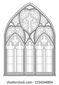 Black and white fantasy drawing for coloring book. Beautiful Gothic stained glass window in French churches. Medieval architecture in western Europe. Worksheet for children and adults. Vector image.