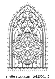 Black and white fantasy drawing for coloring book. Beautiful stained glass window with rose. Medieval architecture. Decoration in churches and castles. Worksheet for children and adults. Vector image.