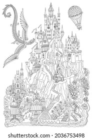 Black and White Fantasy landscape. Fairy tale castle on a mountain, palm trees, river waterfall. Flying dragon and air baloon. Coloring book page for adults 