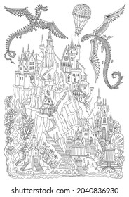 Black and White Fantasy landscape. Fairy tale castle on a mountain, palm trees, river waterfall. Flying dragons and air baloon. Coloring book page for adults 