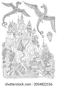 Black and White Fantasy landscape. Fairy tale castle on a mountain, palm trees, river waterfall. Flying dragons and air baloon. Coloring book page for adults 